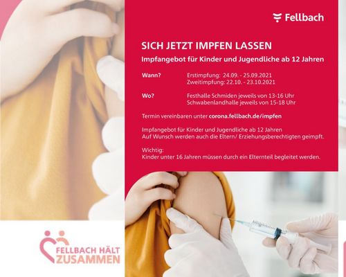 Info der Stadt Fellbach: Impfangebot für Kinder und Jugendliche ab 12 Jahren